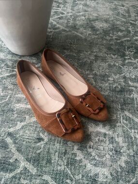 Taryn Rose Chestnut Brown Suede Pointed-Toe Flats with Tortoiseshell Buckle